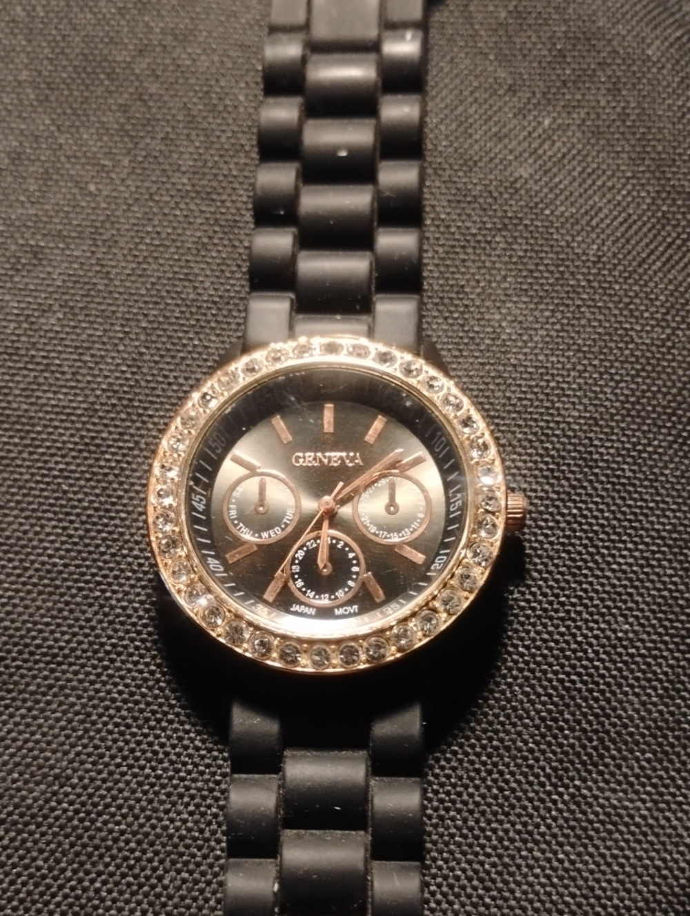 Geneva Black Watch with Gold-Tone Crystal Bezel